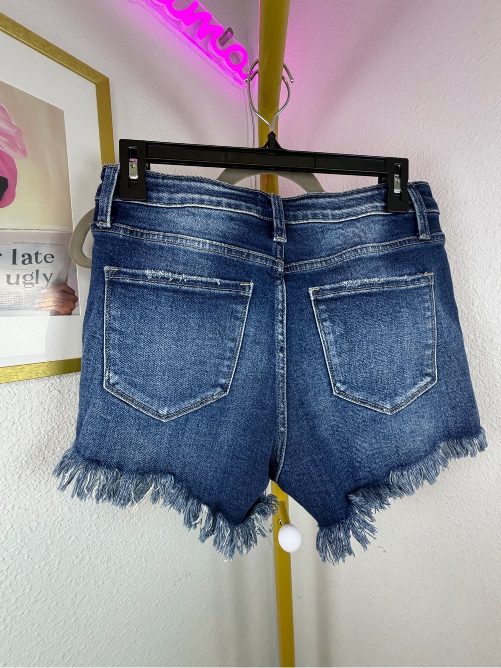 Pink Lily Dark Blue Distressed Denim Jean Shorts - Large - 30” Waist - Stretchy - Picture 4 of 8